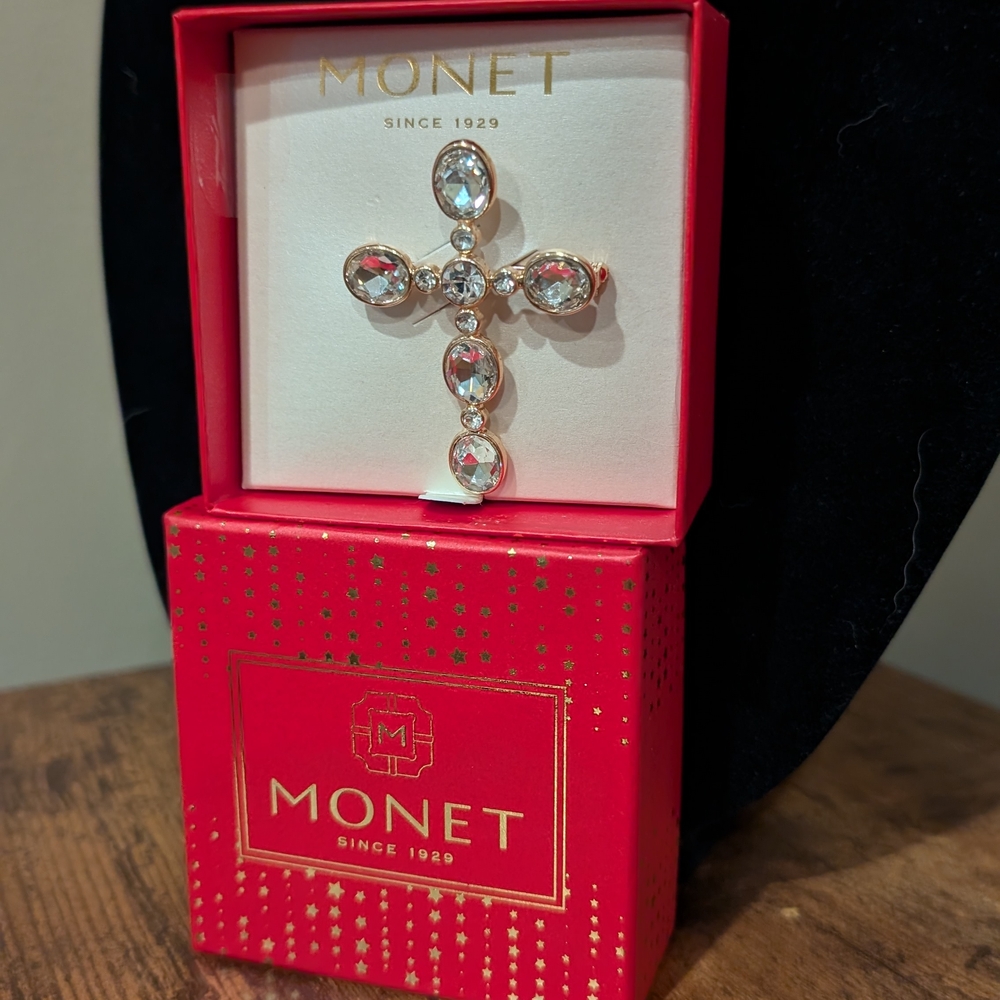 Monet Silver Cross Pin/Brooch with Clear Beveled Gemstones